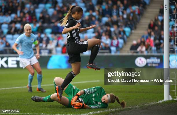 Manchester City Womens' Karen Bardsley wins the ball from Lyon's Delphine Cascarino during the UEFA Women's Champions League, Semi Final First Leg...