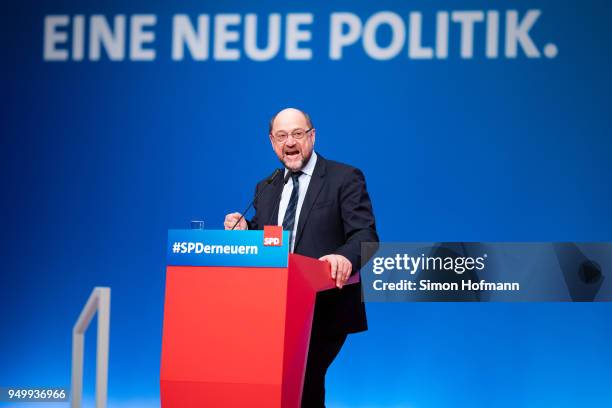 Martin Schulz speaks to delegates at a federal party congress of the German Social Democrats following the election of Andrea Nahles as new party...