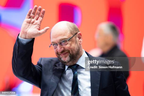 Martin Schulz waves at a federal party congress of the German Social Democrats following the election of Andrea Nahles as new party leader on April...