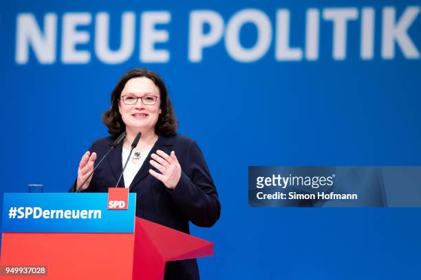 Andrea Nahles speaks to delegates at a federal party congress of the German Social Democrats following her election as new party leader on April 22,...