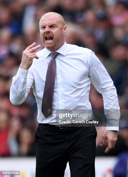 Sean Dyche, Manager of Burnley reacts during the Premier League match between Stoke City and Burnley at Bet365 Stadium on April 22, 2018 in Stoke on...