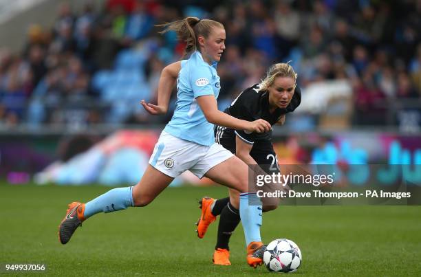 Manchester City Womens' Georgia Stanway and Lyon's Amandine Henry during the UEFA Women's Champions League, Semi Final First Leg match at the City...