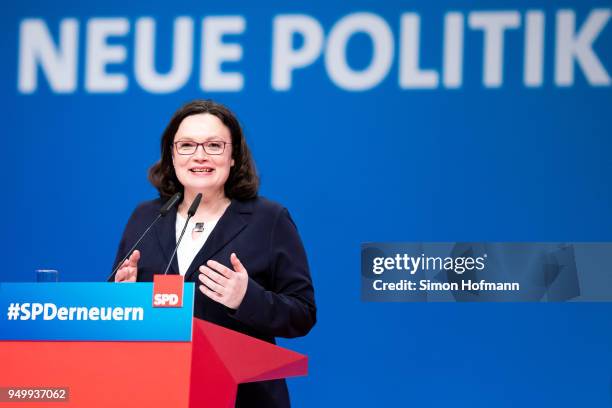 Andrea Nahles speaks to delegates at a federal party congress of the German Social Democrats following her election as new party leader on April 22,...