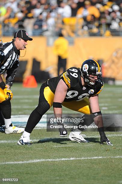 Defensive lineman Brett Keisel of the Pittsburgh Steelers looks on from the line of scrimmage during a game against the Oakland Raiders at Heinz...