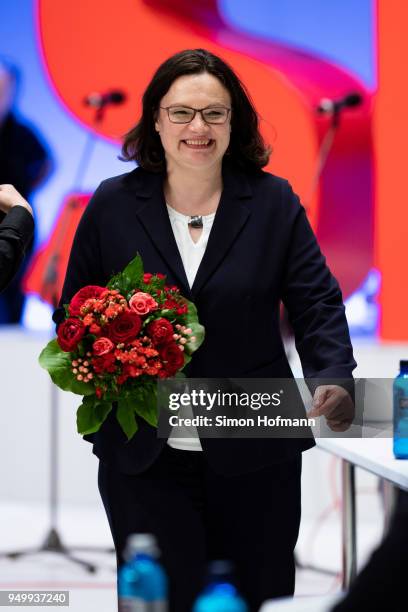 Andrea Nahles smiles at a federal party congress of the German Social Democrats following her election as new party leader on April 22, 2018 in...