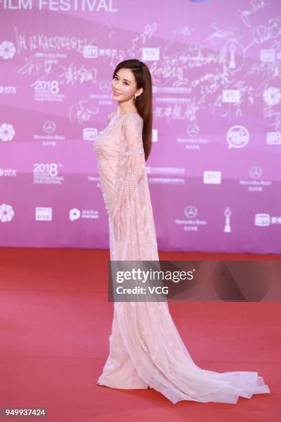Actress/model Lin Chi-ling poses on red carpet of the closing ceremony of 2018 Beijing International Film Festival on April 22, 2018 in Beijing,...