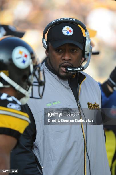 Head coach Mike Tomlin of the Pittsburgh Steelers looks on from the sideline during a game against the Oakland Raiders at Heinz Field on December 6,...