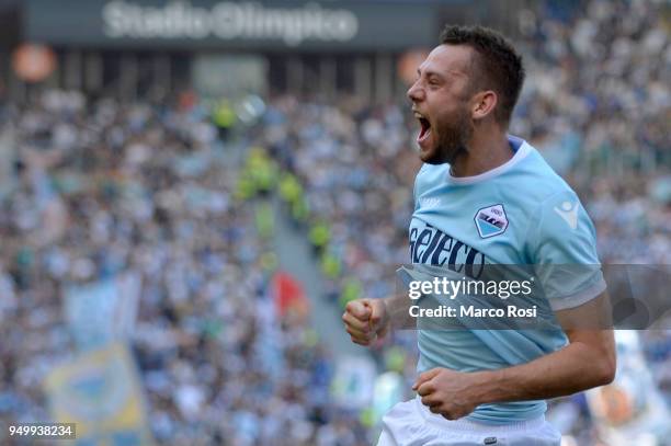Stefan De Vrij of SS Lazio celebrates a second goal during the serie A match between SS Lazio and UC Sampdoria at Stadio Olimpico on April 22, 2018...