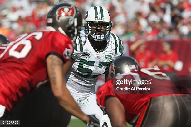 Linebacker Bart Scott of the New York Jets follows the play against the Tampa Bay Buccaneers when the Tampa Bay Buccaneers host the New York Jets at...