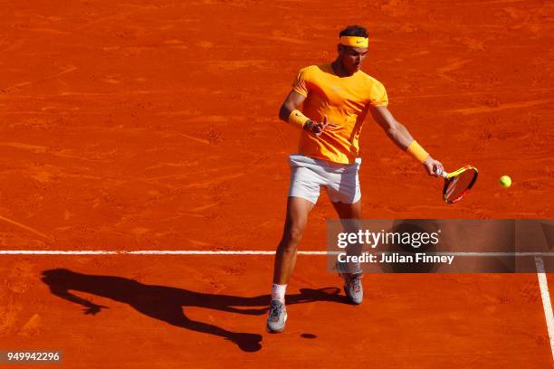 Rafael Nadal of Spain plays a forehand in his match against Kei Nishikori of Japan during day eight of ATP Masters Series: Monte Carlo Rolex Masters...