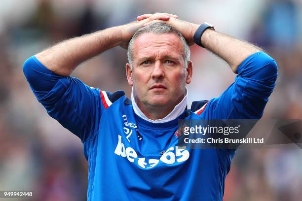 Stoke City manager Paul Lambert reacts during the Premier League match between Stoke City and Burnley at Bet365 Stadium on April 22, 2018 in Stoke on...
