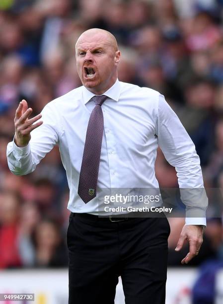 Sean Dyche, Manager of Burnley makes a point during the Premier League match between Stoke City and Burnley at Bet365 Stadium on April 22, 2018 in...
