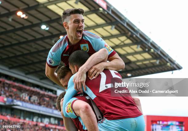 Burnley' players celebrate Ashley Barnes equaliser during the Premier League match between Stoke City and Burnley at Bet365 Stadium on April 22, 2018...