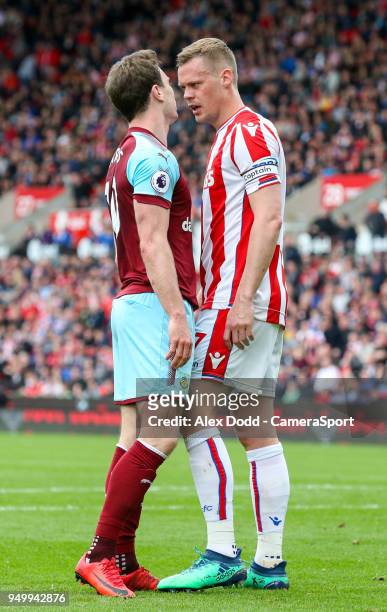 Burnley's Ashley Barnes has words with Stoke City's Ryan Shawcross during the Premier League match between Stoke City and Burnley at Bet365 Stadium...