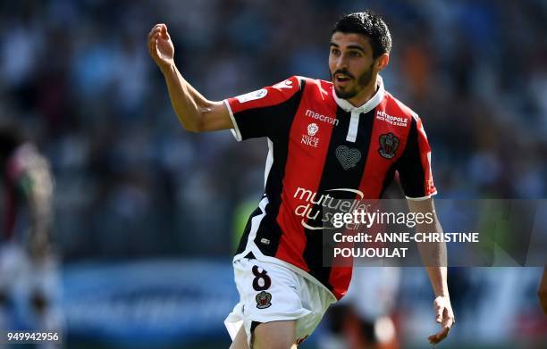 Nice's french midfielder Pierre Lees-Melou celebrates after scoring a goal on April 22, 2018 at the Allianz Riviera Stadium in Nice, southern France,...