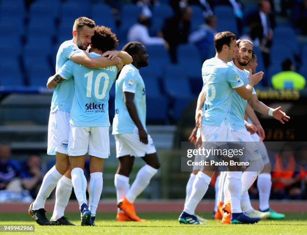 Stefan De Vrij with his teammate Felipe Anderson of SS Lazio celebrates after scoring the team's second goal during the serie A match between SS...