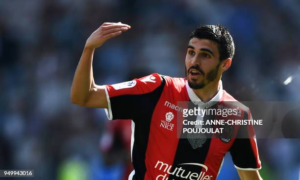 Nice's french midfielder Pierre Lees-Melou celebrates after scoring a goal on April 22, 2018 at the Allianz Riviera Stadium in Nice, southern France,...