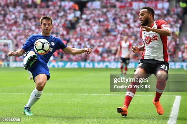 Chelsea's Spanish defender Cesar Azpilicueta vies with Southampton's English defender Ryan Bertrand during the English FA Cup semi-final football...