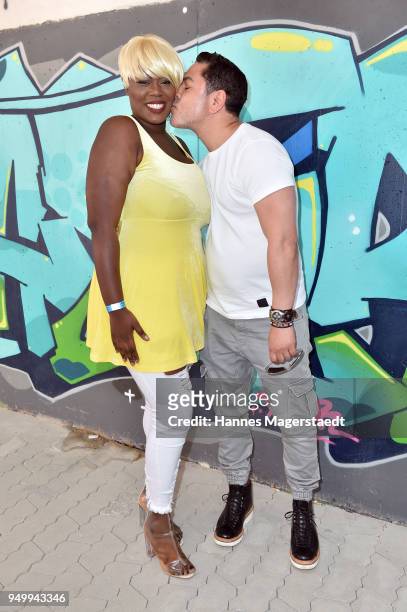 Model Khadija Curvy and Carlo Castro during 'Fack Ju Goehte - Se Mjusicael' Hundredth Show at Werk 7 Theater on April 22, 2018 in Munich, Germany.