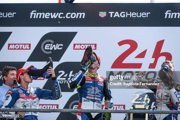 Josh Hook, Freddy Foray and Alan Techer of FCC TSR Honda France celebrates winning during the 40th Anniversary of 24 Hours of Le Mans 2018,...