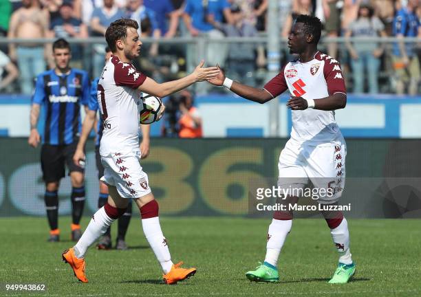 Adem Ljajic of Torino FC celebrates his goal with his team-mate Afriyie Acquah during the serie A match between Atalanta BC and Torino FC at Stadio...