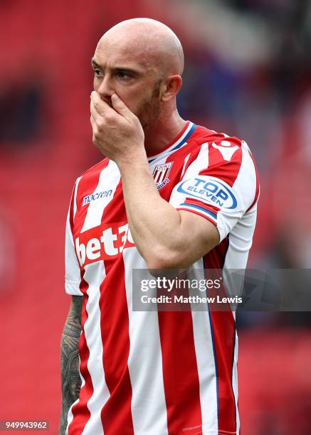 Stephen Ireland of Stoke City looks dejected during the Premier League match between Stoke City and Burnley at Bet365 Stadium on April 22, 2018 in...