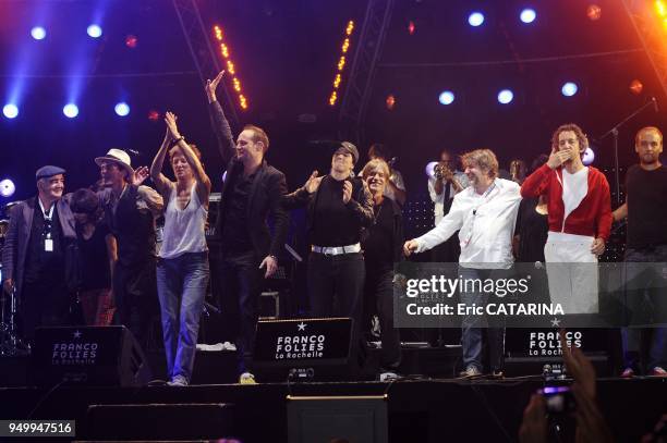 French band Tryo on stage with guests for the 25 th edition of the Francofolies de La Rochelle. Guests:Alain Souchon, Hubert Felix Thiefaine,...