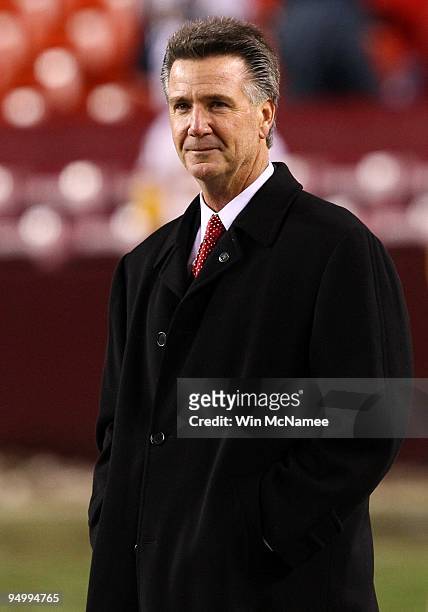 Bruce Allen, the new general manager of the Washington Redskins, looks on from the field before the game against the New York Giants at FedEx Field...