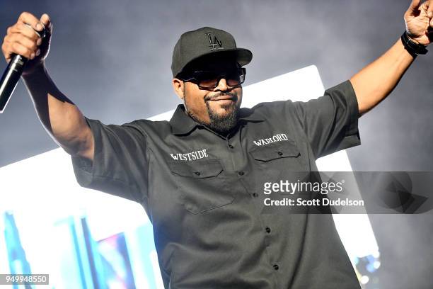 Rapper Ice Cube performs onstage during the KDay 93.5 Krush Groove concert at The Forum on April 21, 2018 in Inglewood, California.