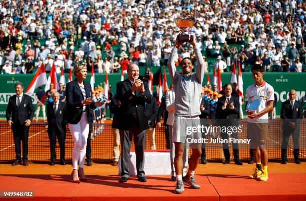 Rafael Nadal of Spain celebrates with the winners trophy after winning the Monte Carlo Rolex Masters against Kei Nishikori of Japan during day eight...