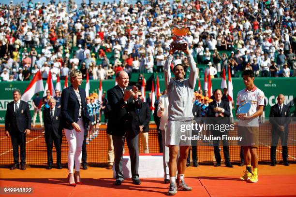 Rafael Nadal of Spain celebrates with the winners trophy after winning the Monte Carlo Rolex Masters against Kei Nishikori of Japan during day eight...