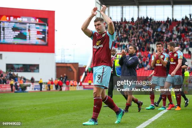 Burnley's Sam Vokes applauds the fans after the match during the Premier League match between Stoke City and Burnley at Bet365 Stadium on April 22,...