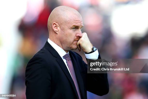 Burnley manager Sean Dyche looks on during the Premier League match between Stoke City and Burnley at Bet365 Stadium on April 22, 2018 in Stoke on...