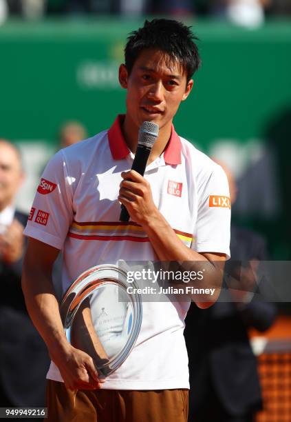 Monte Carlo Rolex Masters runner up Kei Nishikori of Japan talks to the crowd after being defeated by Rafael Nadal of Spain during day eight of ATP...