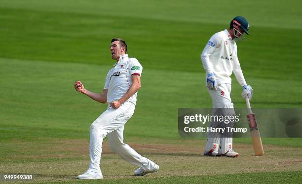 Craig Overton of Somerset celebrates after dismissing Josh Tongue of Worcestershire during Day Three of the Specsavers County Championship Division...