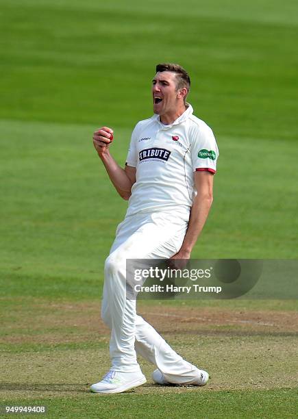 Craig Overton of Somerset celebrates after dismissing Josh Tongue of Worcestershire during Day Three of the Specsavers County Championship Division...