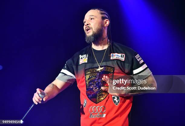 Rapper Bizzy Bone of Bone Thugs-n- Harmony performs onstage during the KDay 93.5 Krush Groove concert at The Forum on April 21, 2018 in Inglewood,...