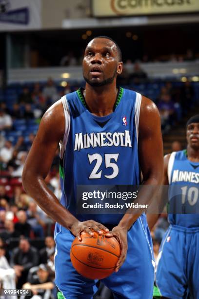 Al Jefferson of the Minnesota Timberwolves shoots a free throw during the game against the Sacramento Kings at Arco Arena on December 12, 2009 in...