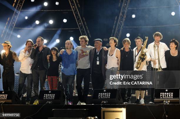 French band Tryo on stage with guests for the 25 th edition of the Francofolies de La Rochelle. Guests:Alain Souchon, Hubert Felix Thiefaine,...