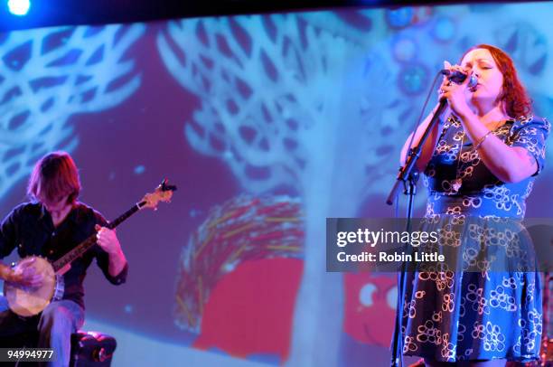 Jason Moffatt, Chantal Hill and Stephen Coates of The Cedars perform on stage at the Clore Room on December 21, 2009 in London, England.