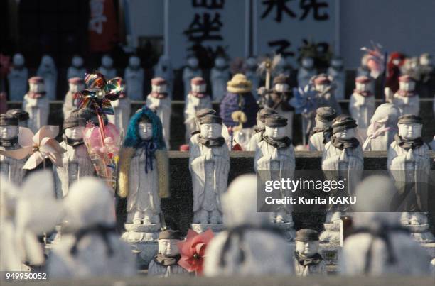 Figurines dans un cimetière pour animaux domestiques en février 1986 au Japon.