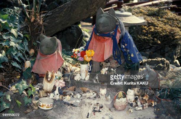 Figurines sur une tombe dans un cimetière pour animaux domestiques en février 1986 au Japon.