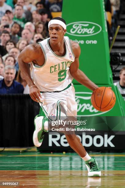 Rajon Rondo of the Boston Celtics drives the ball upcourt against the Milwaukee Bucks during the game on December 8, 2009 at TD Banknorth Garden in...