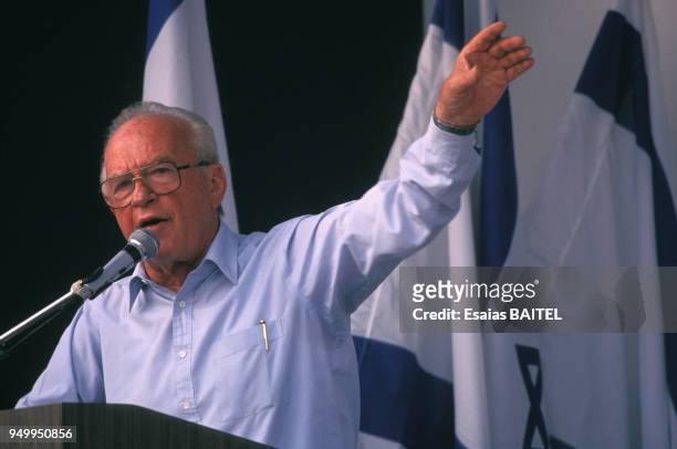 Portrait de Yitzhak Rabin en campagne électorale en mai 1992 à Jérusalem, Israël.