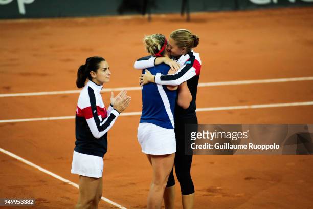 Pauline Parmentier of France looks dejected during the Fed Cup match between France and USA on April 22, 2018 in Aix-en-Provence, France.