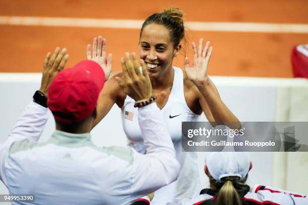 Madison Keys of USA celebrate victory during the Fed Cup match between France and USA on April 22, 2018 in Aix-en-Provence, France.