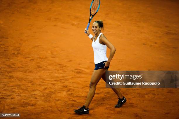 Madison Keys of USA celebrate victory during the Fed Cup match between France and USA on April 22, 2018 in Aix-en-Provence, France.