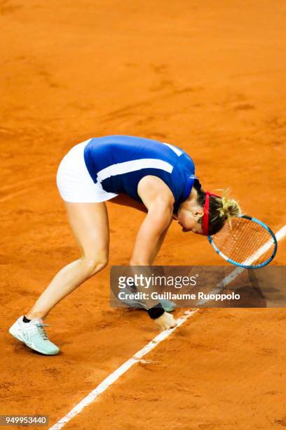 Pauline Parmentier of France looks dejected during the Fed Cup match between France and USA on April 22, 2018 in Aix-en-Provence, France.