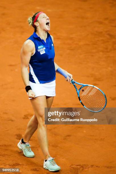 Pauline Parmentier of France looks dejected during the Fed Cup match between France and USA on April 22, 2018 in Aix-en-Provence, France.