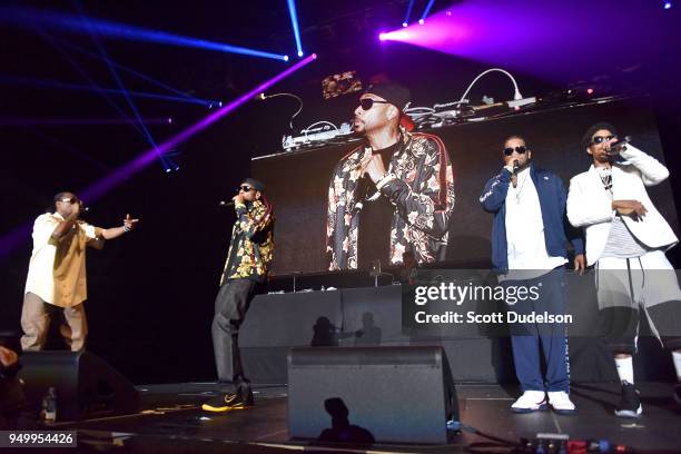 Rappers Flesh-n-Bone, Krayzie Bone, Wish Bone and Layzie Bone of Bone Thugs-n-Harmony perform onstage during the KDay 93.5 Krush Groove concert at...